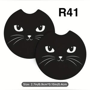 R41 - Black Cat with White Eyes Car Cup Holder Coasters, Set of 2